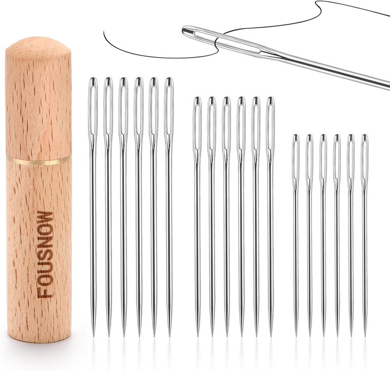FOUSNOW 18 PCS Steel Sewing Needles, 3 Different Sizes Embroidery Large Eye Needles for Hand Sewing, Sharp Hand Sewing Needle Supplies with Solid Wood Needle Case for Repair Home Crafts - Image 1